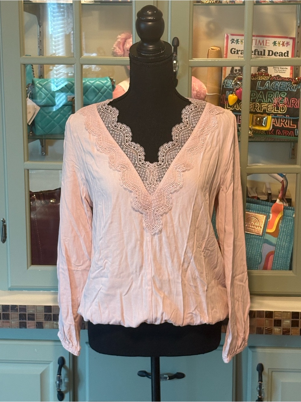 Express Light Pink Lace-Trim V-Neck Long Sleeve Top